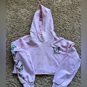 Pink crop hoodie sweater, with butterfly design, girl size 8